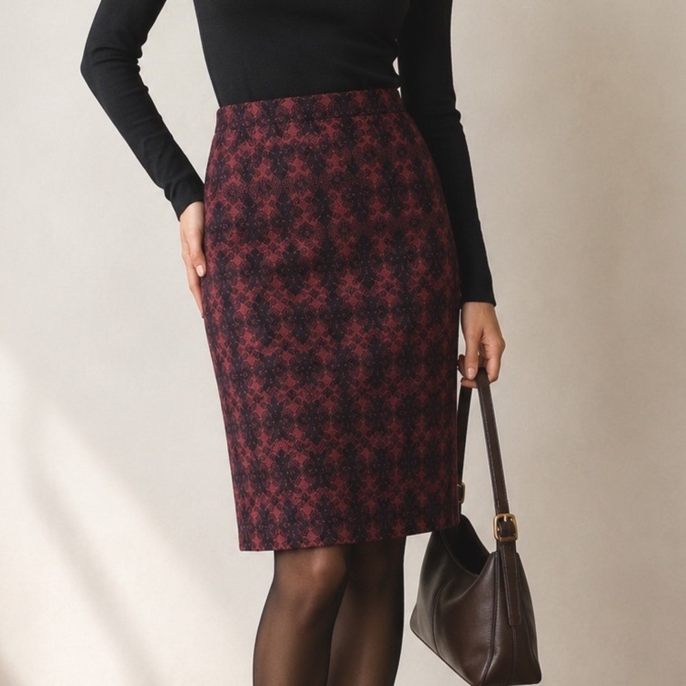 Miu Miu Pencil Skirt Virgin Wool Damask Burgundy Black Size 4 US Made in Italy
